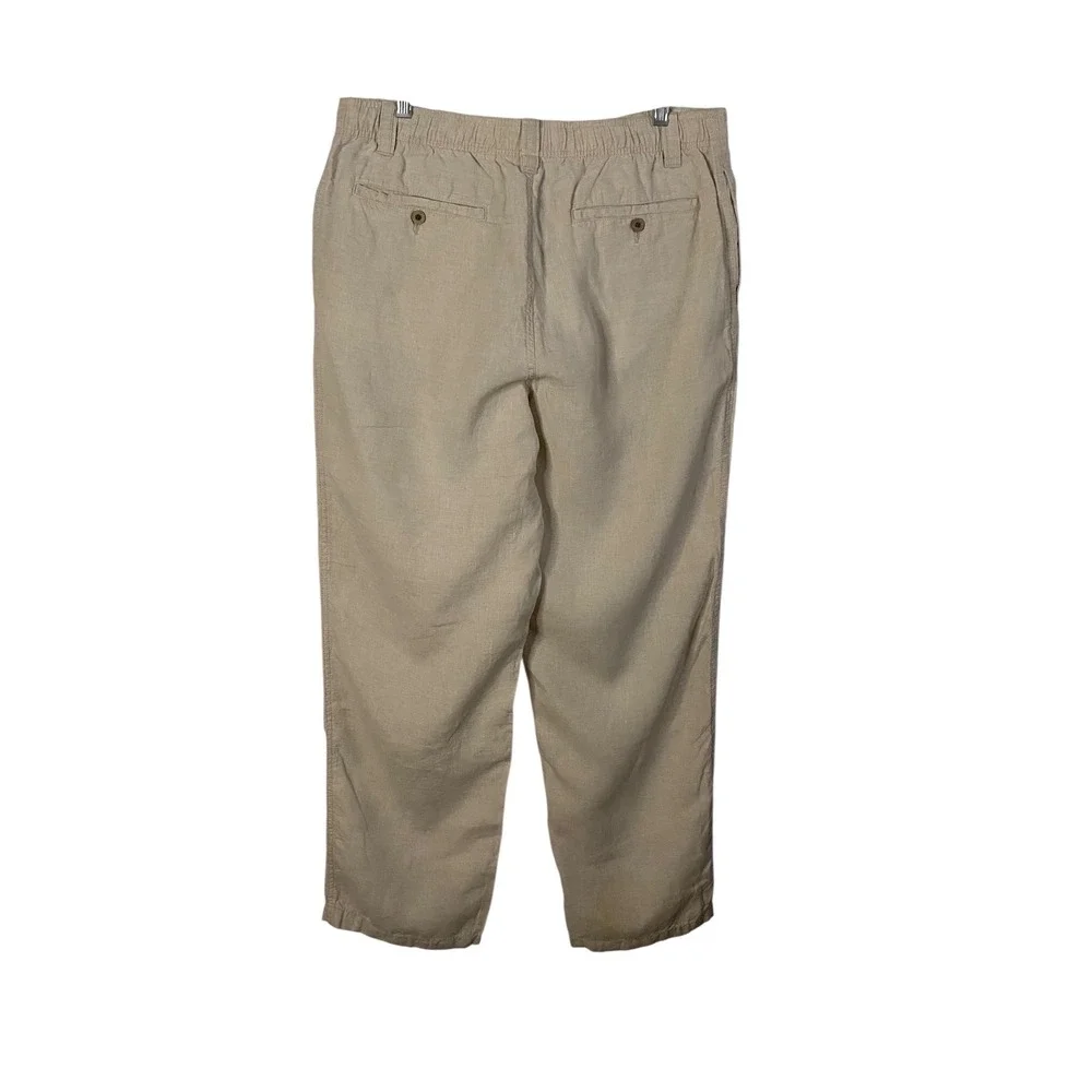 Caribbean Mens 100% Linen Pants Beige Drawstring Elastic Waist 38x32 Relaxed Fit